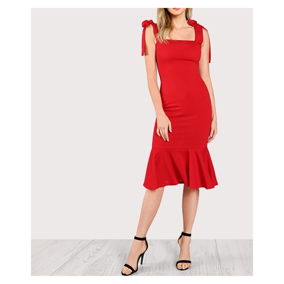 Red Bodycon Fishtail Midi Dress - Picture 2 of 5